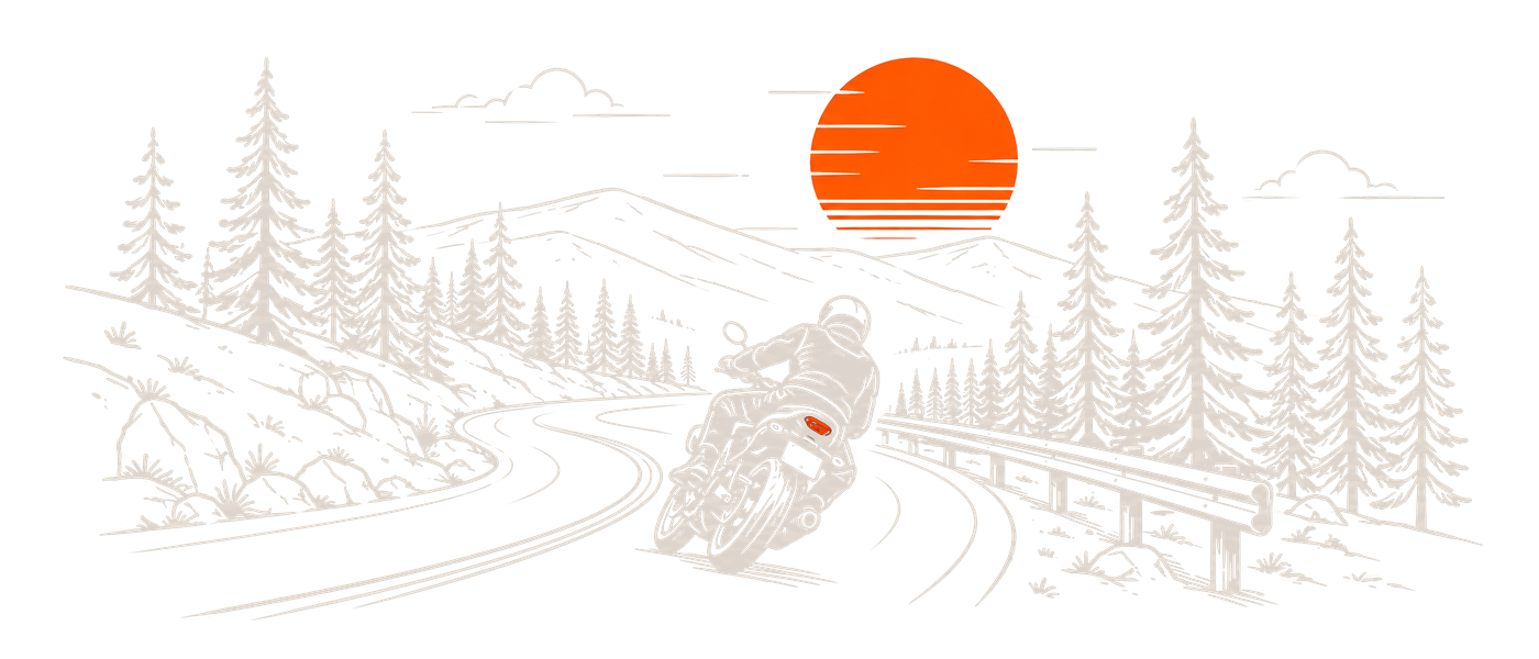 Linjeteckning av en förare som lägger ner hojen på en skogsväg i solnedgången